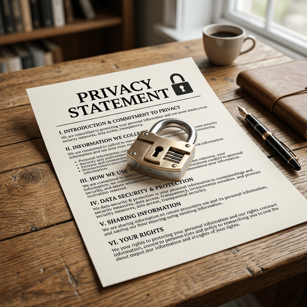 Privacy statement document with text and a padlock on a wooden table